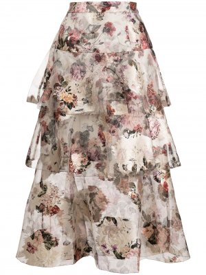 Ярусное платье с цветочным принтом Marchesa Notte. Цвет: разноцветный