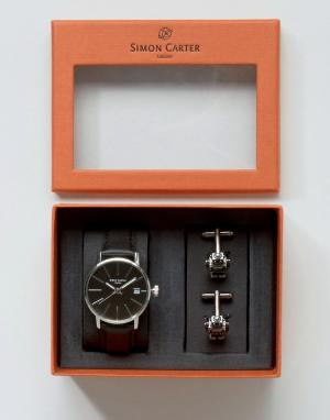 Подарочный набор с часами кожаным ремешком и запонками Simon Carter. Цвет: черный
