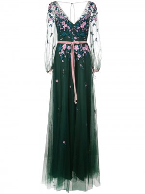 Длинное платье из тюля с цветочным принтом Marchesa Notte. Цвет: зеленый