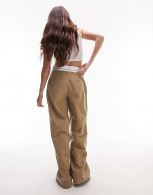 Плиссированные прямые брюки светло-коричневого цвета с отложным поясом Topshop. Цвет: коричневый