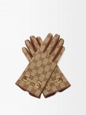 Перчатки из кожи horsebit и парусины с узором gg-жаккард , коричневый Gucci