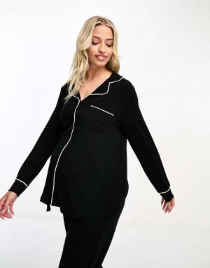 Черная пижама из вискозной рубашки с длинными рукавами и брюками контрастной окантовкой ASOS DESIGN Maternity