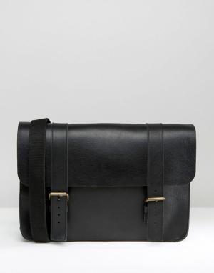 Изготовленный в Англии черный кожаный портфель ASOS. Цвет: черный