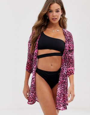 Розовое пляжное кимоно с леопардовым принтом -Мульти Influence