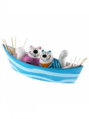 Набор для специй, подставка под зубочистки Кошки Сигги и Суси в лодке Goebel. Цвет: голубой, оранжевый, розовый
