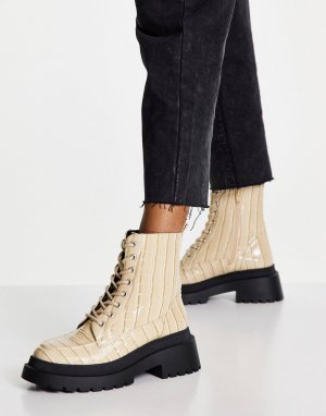 Кара Массивные ботинки со шнуровкой под крокодила в цвете Off White Topshop