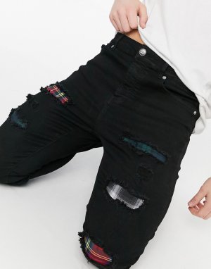 Черные рваные джинсы с отделкой шотландской клеткой -Черный цвет Sixth June
