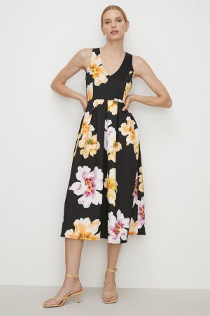 Платье миди Scuba с большим цветочным принтом и перекрестием на спине , черный Oasis