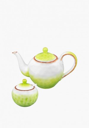 Сервиз чайный Elan Gallery Чайник 1 л 25,2х14х16 см и Сахарница 380 мл 10,2х10,2х10,5 с ложкой Кантри. Цвет: зеленый