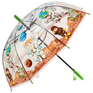 Зонт трость детский для мальчиков и девочек Космическое приключение, прозрачный со свистком; полуавтоматический зонт-трость с голубой ручкой Baziator. Цвет: коричневый/синий/желтый/голубой