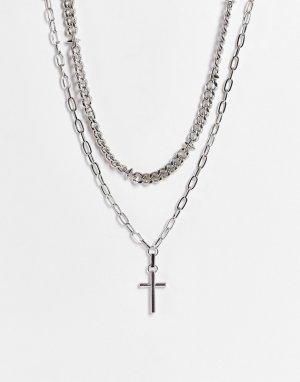 Серебристое ожерелье с двумя цепочками и подвеской в виде крестика -Серебряный Bershka