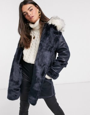 Двустороннее пальто темно-синего цвета из овечьей шерсти и искусственного меха Axa-Синий Urbancode