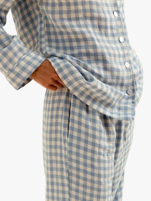 Льняной пижамный комплект с брюками в мелкую клетку , теплый синий клетчатый узор Piglet in Bed