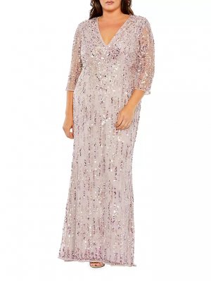 Платье больших размеров с V-образным вырезом и сетчатыми рукавами пайетками , цвет lilac Mac Duggal