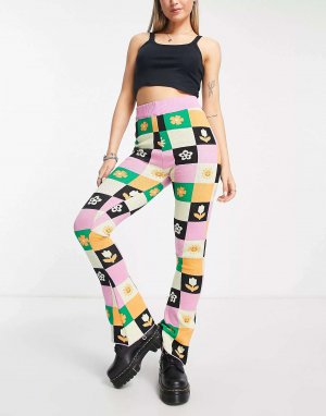 Вязаные расклешенные брюки с цветочным принтом в стиле пэчворк heartbreak