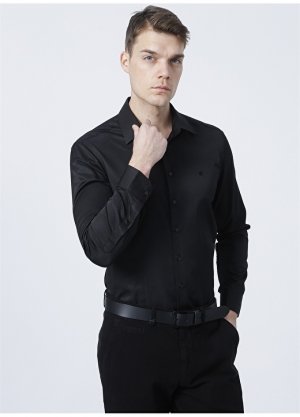 Классическая однотонная черная мужская рубашка Slim Fit с длинным рукавом и воротником Pierre Cardin