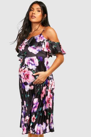 Плиссированное платье миди с цветочным принтом для беременных, черный Boohoo