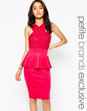 Кружевное облегающее платье с запахом и баской Lipstick Boutique Petit Petite. Цвет: красный