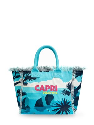Пляжная сумка из хлопка с бахромой и принтом Capri MC2 SAINT BARTH. Цвет: голубой