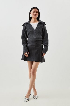 Кожаная плиссированная мини-юбка-килт , черный Karen Millen