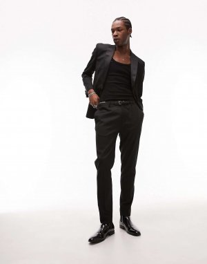 Черные узкие брюки-смокинг из смесовой шерсти Premium Topman