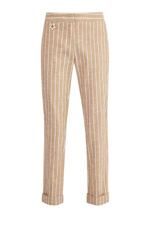 Льняные брюки прямого кроя с принтом в двухцветную полоску LORENA ANTONIAZZI. Цвет: бежевый
