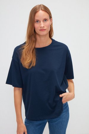 Базовая однотонная футболка с круглым вырезом и короткими рукавами MUNİ MUNİ, темно-синий