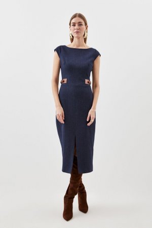 Индивидуальное джинсовое платье-карандаш миди с короткими рукавами и вкладками , синий Karen Millen