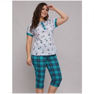 Пижама , футболка, бриджи, короткий рукав, пояс на резинке, размер 52, серый, бирюзовый Алтекс. Цвет: серый/бирюзовый