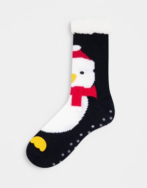 Носки-слиперы с новогодним принтом пингвина в шарфе -Черный цвет ASOS DESIGN