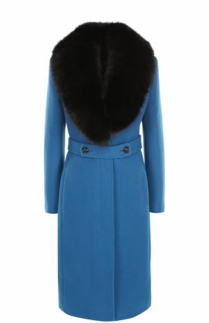 Шерстяное пальто с контрастным воротником из меха лисы Roberto Cavalli. Цвет: синий