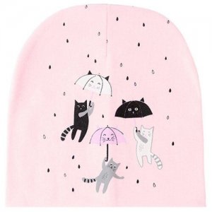 Детская шапка бини для малыша девочки демисезонная из трикотажа двойная Коты с зонтами, серая размер 54-56 Baziator. Цвет: серый
