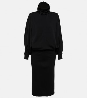 Платье макси из шерстяного джерси с отделкой тюля, черный Saint Laurent