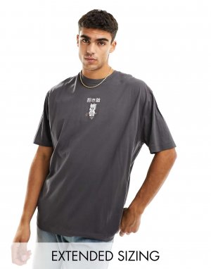 Оверсайз-футболка темно-серого цвета с сувенирным принтом на груди ASOS. Цвет: серый