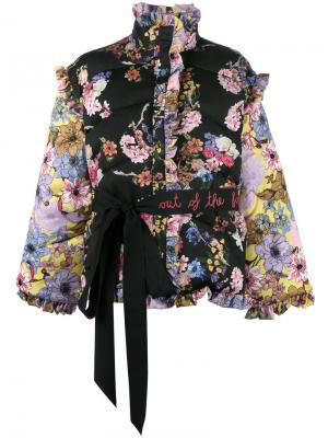 Дутая куртка с рюшами, съемными рукавами и цветочным принтом Preen By Thornton Bregazzi. Цвет: чёрный