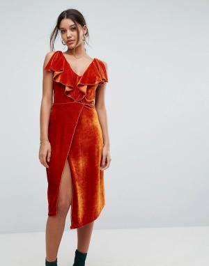 Бархатное платье миди с оборкой -Оранжевый Aeryne