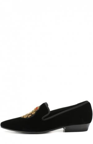 Бархатные лоферы Deven с вышивкой Saint Laurent. Цвет: черный
