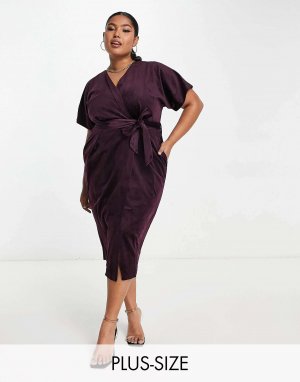 Сливовое бархатное платье миди с рукавами-кимоно и завязками Closet London