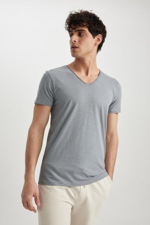 Облегающая футболка с V-образным вырезом, серый DeFacto
