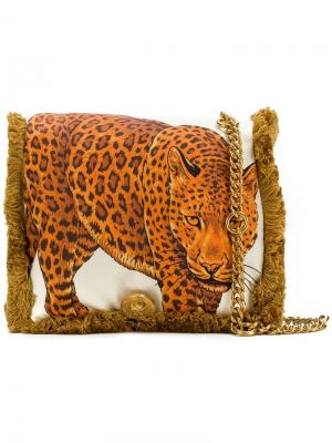 Сумка на плечо с бахромой и изображением леопарда Versace. Цвет: нейтральные цвета