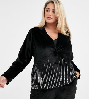 Бархатный пиджак-смокинг со стразами -Черный Fashion Union Plus