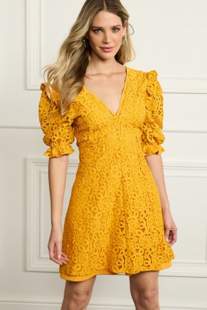 Кружевное мини-платье с коротким V-образным вырезом и рукавами-буфами , желтый Next