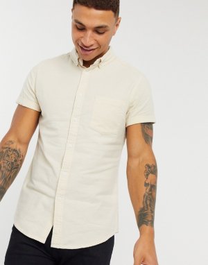 Бежевая оксфордская рубашка зауженного кроя с короткими рукавами из органического хлопка -Белый ASOS DESIGN