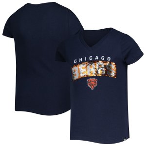 Молодежная футболка New Era Navy Chicago Bears с обратными пайетками и надписью v-образным вырезом