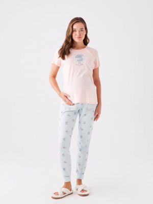 Пижамный комплект для беременных с круглым вырезом и принтом короткими рукавами LCW DREAM, пастельно-синий Dream