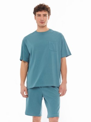 Домашний комплект из хлопка (футболка, шорты) zolla. Цвет: темно-бирюзовый