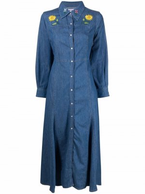Джинсовое платье-рубашка с вышивкой Rixo. Цвет: синий