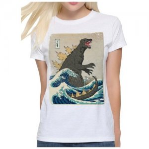 Футболка с принтом Волна в Канагаве и Годзилла / Godzilla Большая Женская Белая S DREAM SHIRTS. Цвет: белый