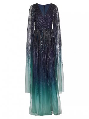 Украшенное шифоновое платье с накидкой и рукавами , синий Marchesa Notte
