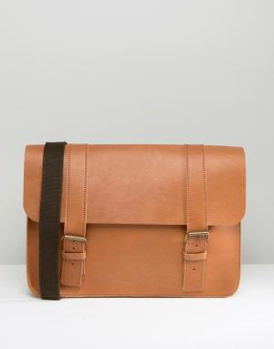 Изготовленный в Англии светло-коричневый кожаный портфель ASOS. Цвет: рыжий
